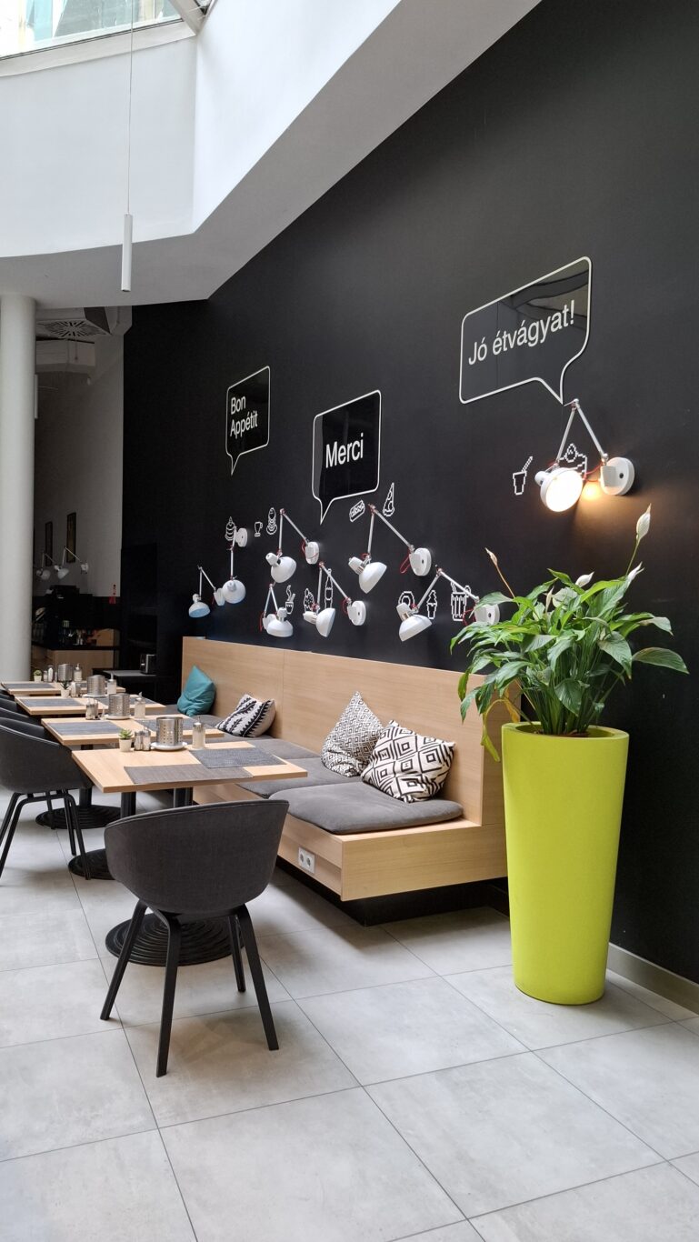 The distinctly modern glass and stone exterior facade of the Ibis Styles hotel on Rákóczi út