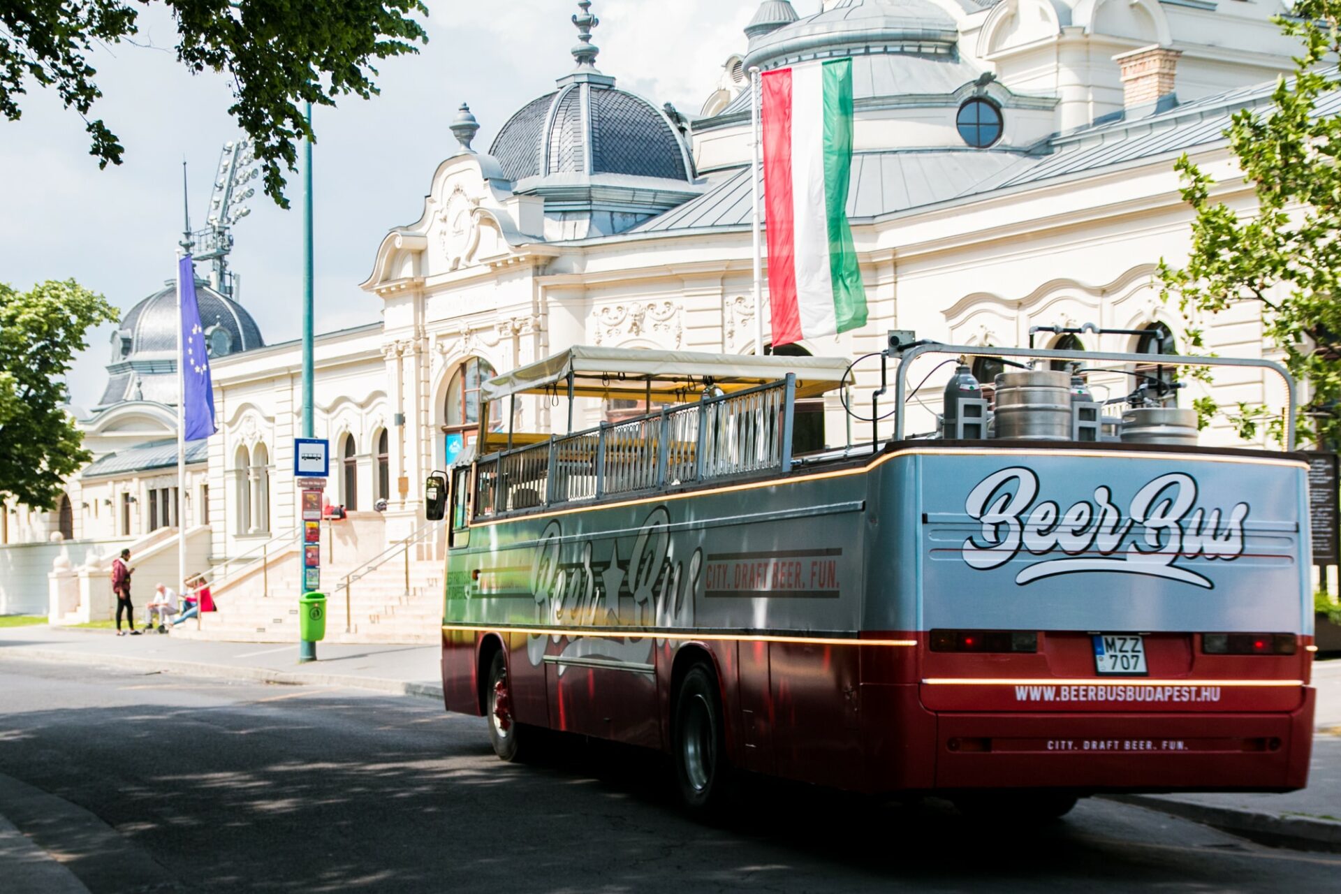 The vintage-looking Beer Bus driving near City Park