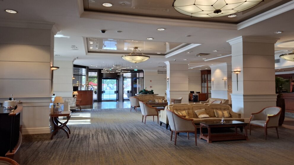 The highly elegant, warmly lit interior of the ARZ Lebanese restaurant inside the hotel