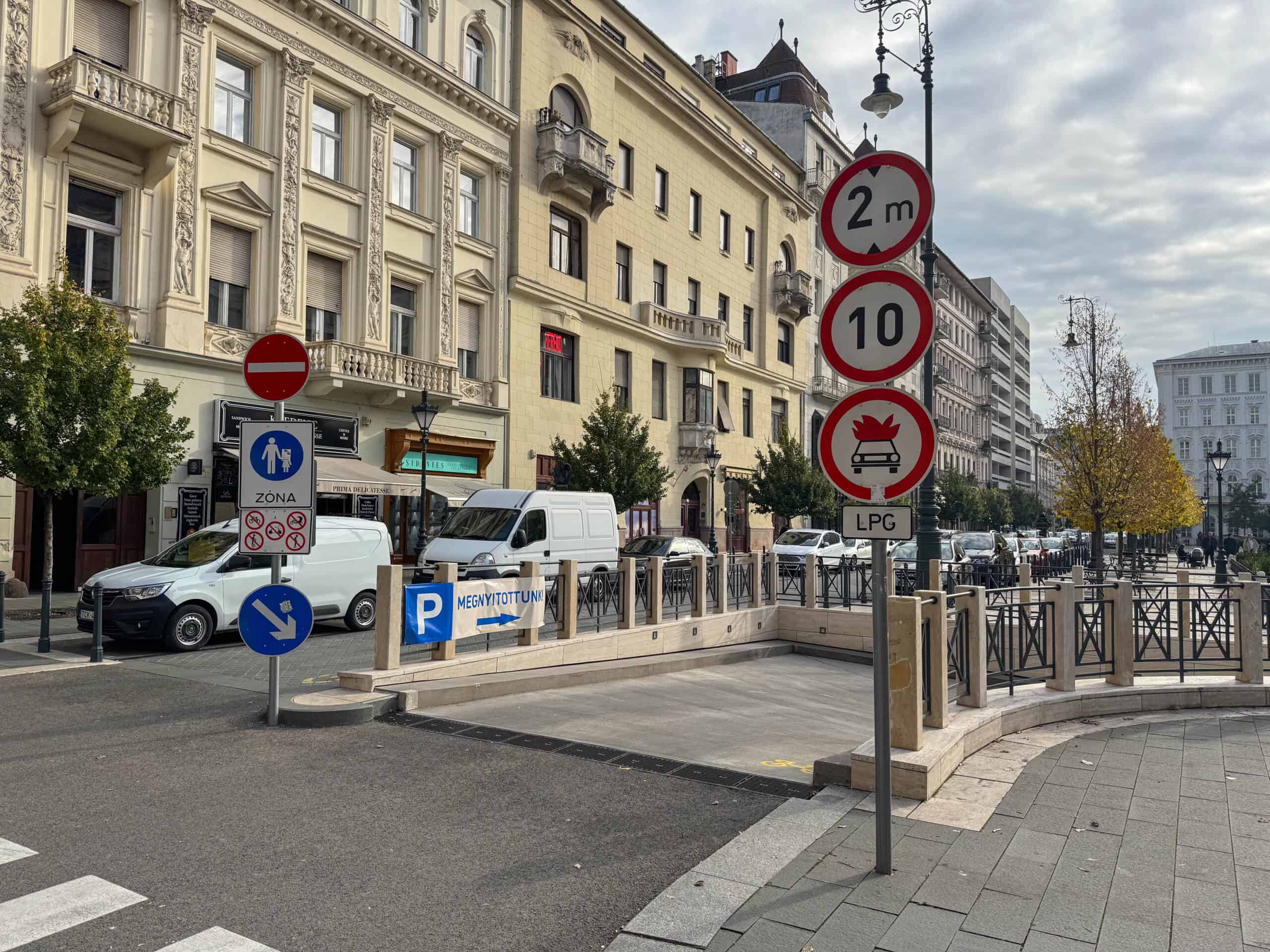 The concrete entrance ramp leading to the underground Jozsef Nador parking garage