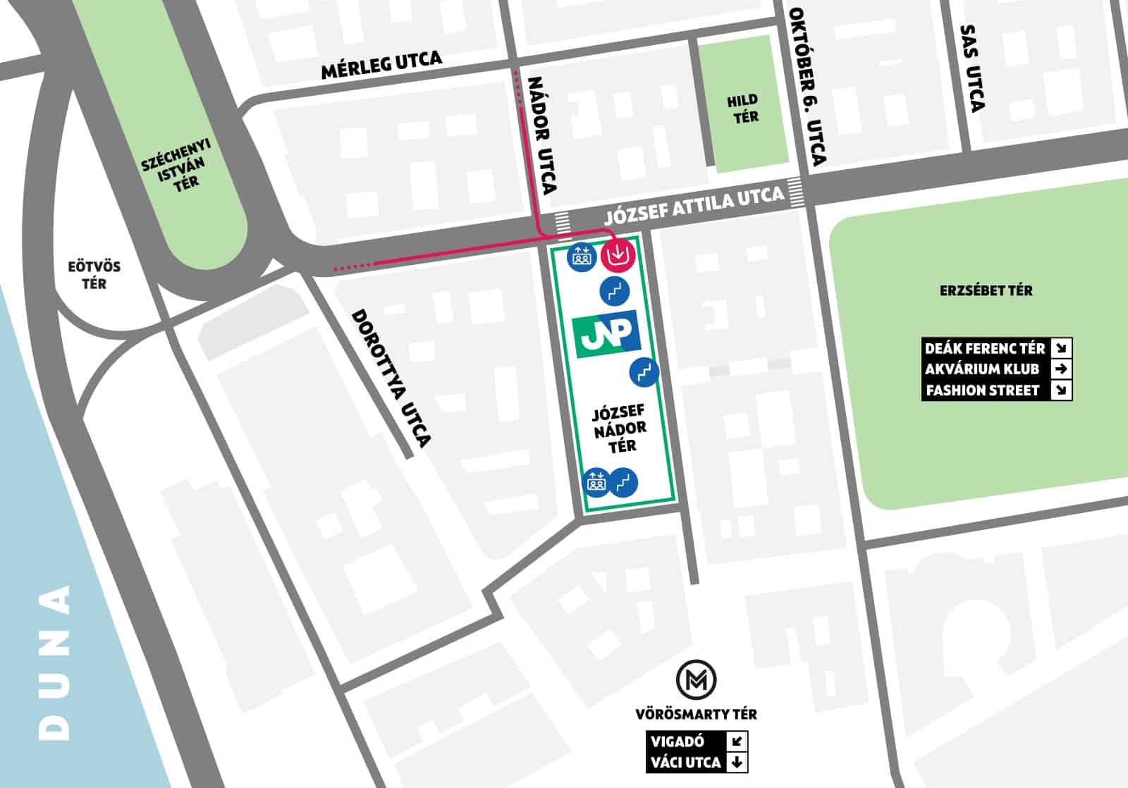 A stylized block map showing the location of the Jozsef Nador square underground garage