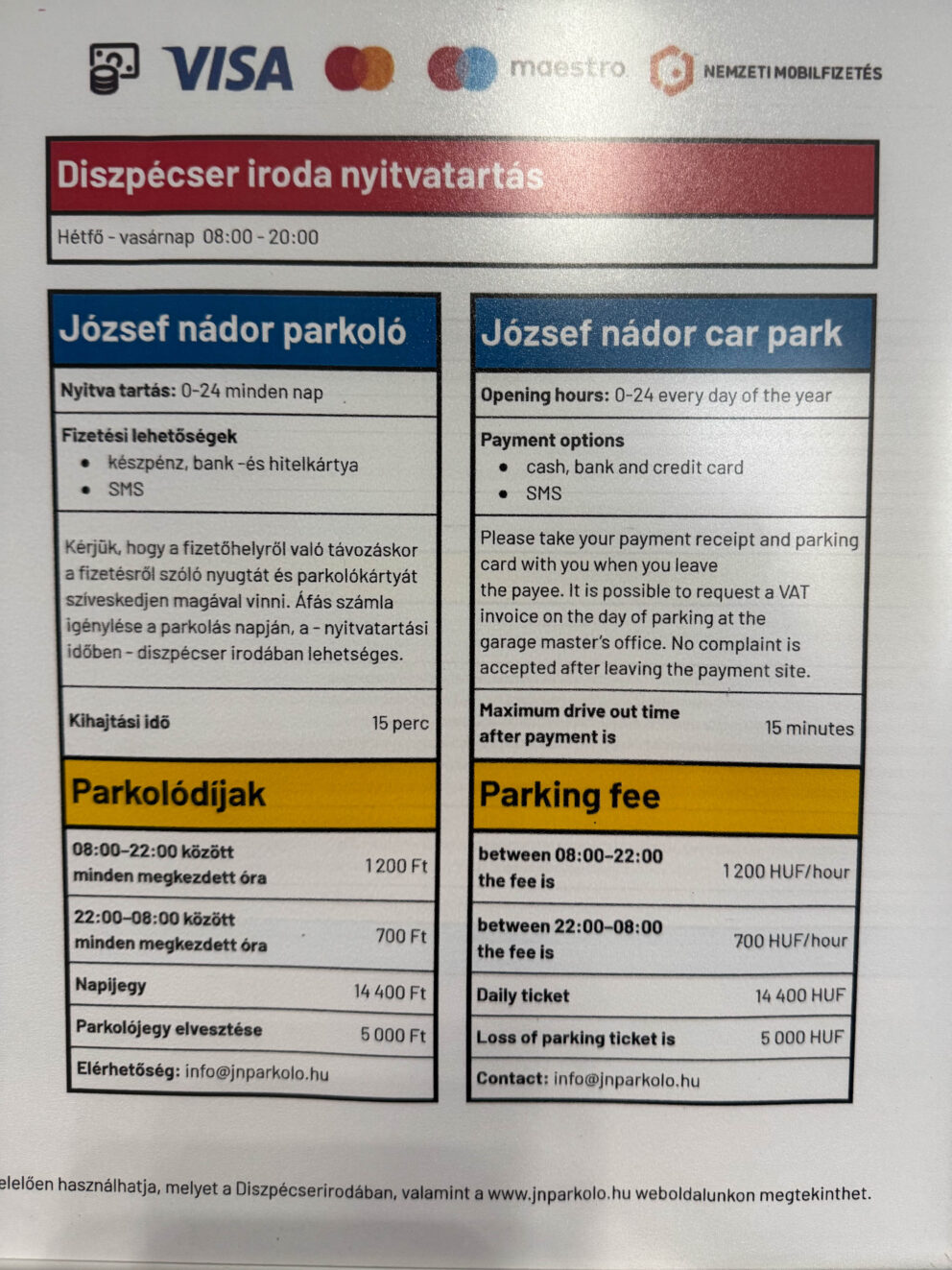 An information board listing the opening hours and parking fees at the Jozsef Nador car park