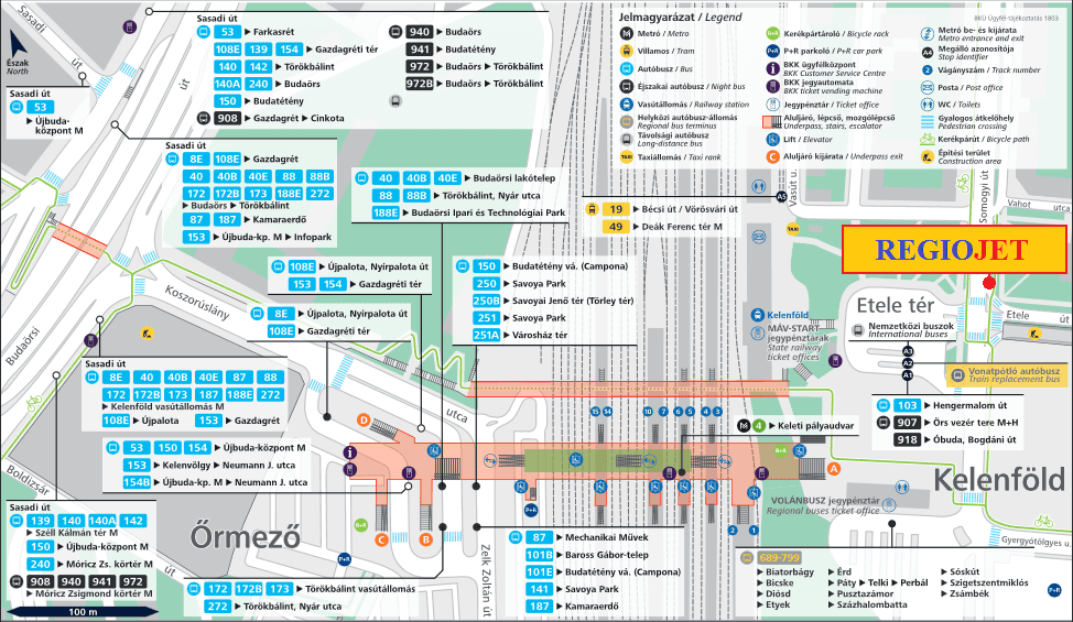 A detailed map showing the layout of the Kelenföld terminal and international bus stops