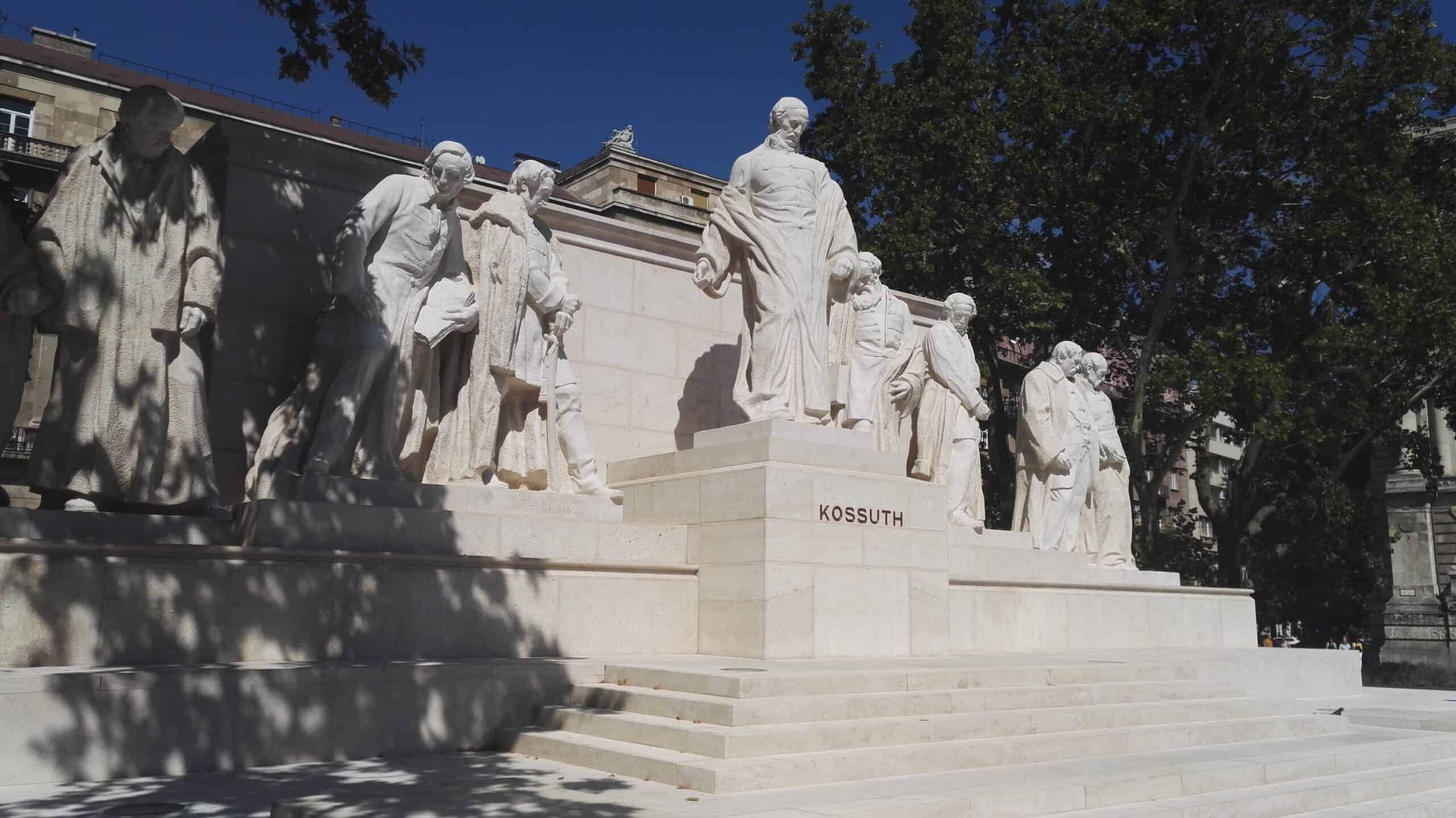 The massive bronze Kossuth Memorial statue group standing outside the Parliament
