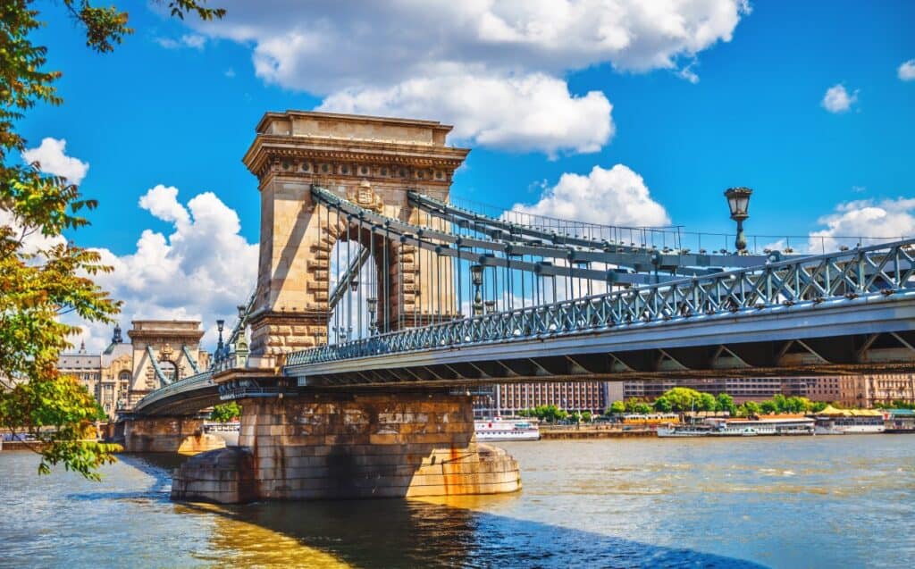 The distinctive bright green iron truss structure of the Liberty Bridge linking Buda and Pest