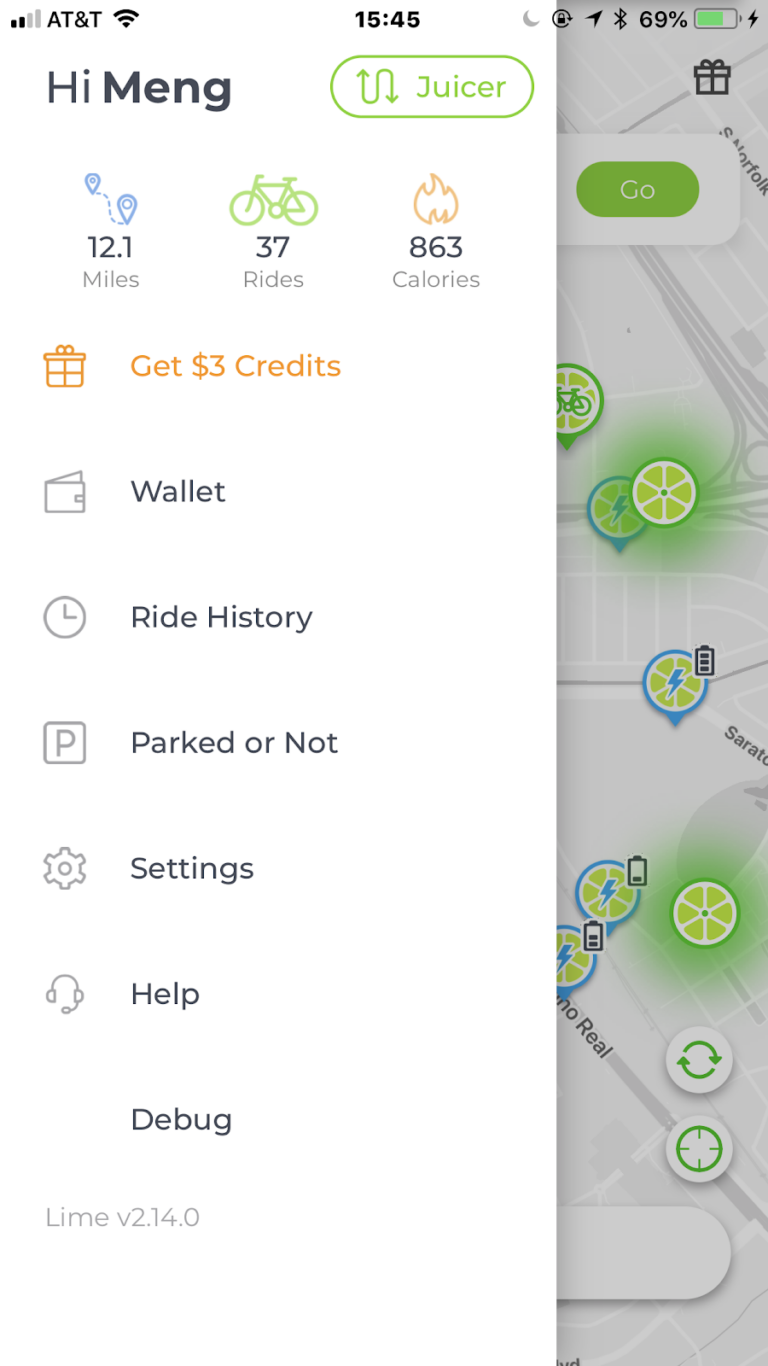 A screenshot of the Lime mobile app showing the user menu and map