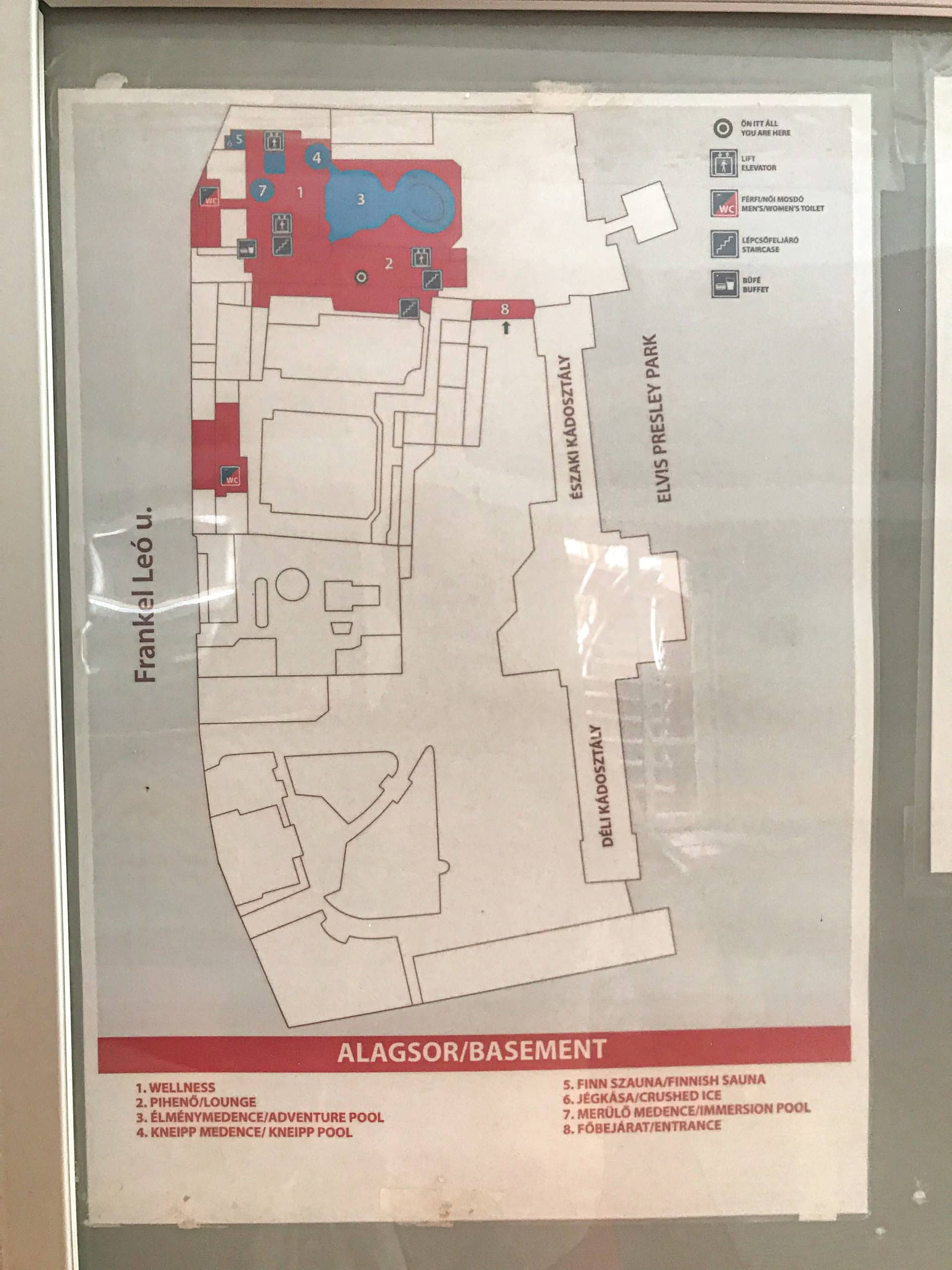 A detailed color-coded map cleanly indicating the massive complex layout of Lukacs Baths