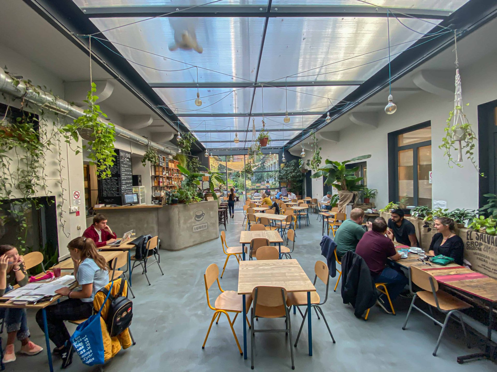 The beautifully structured transparent glass ceiling brightly illuminating the entire Lumen cafe