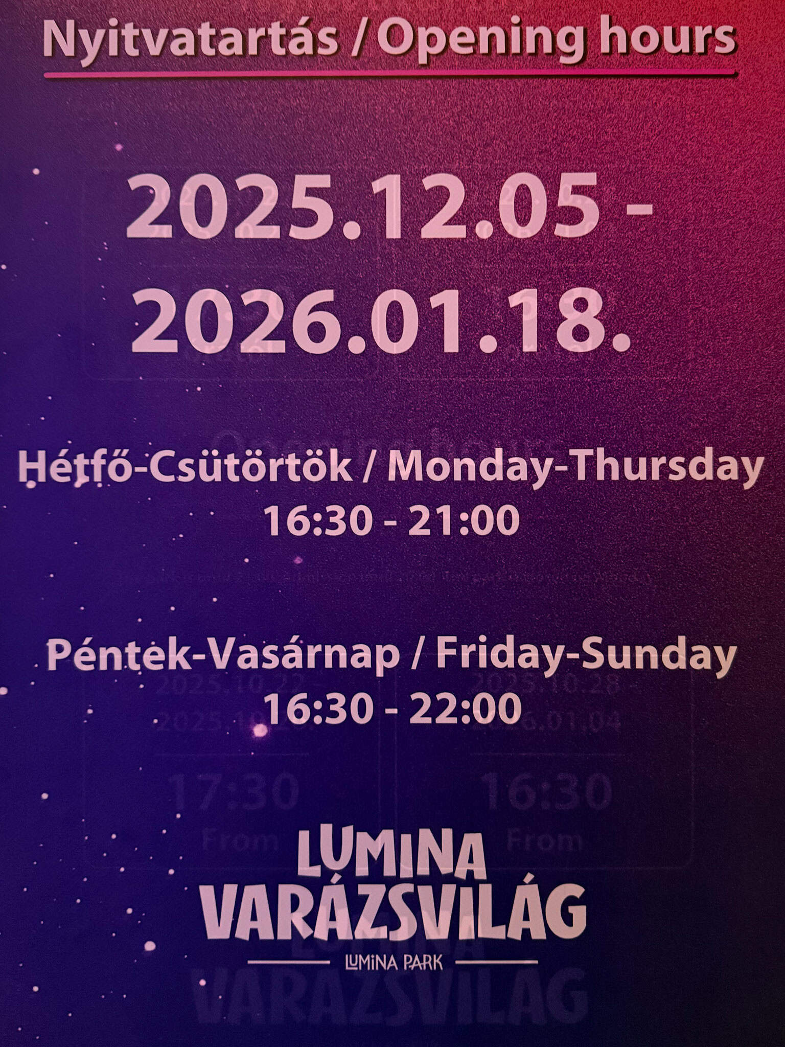 A clean graphic strongly indicating the strict seasonal evening opening hours