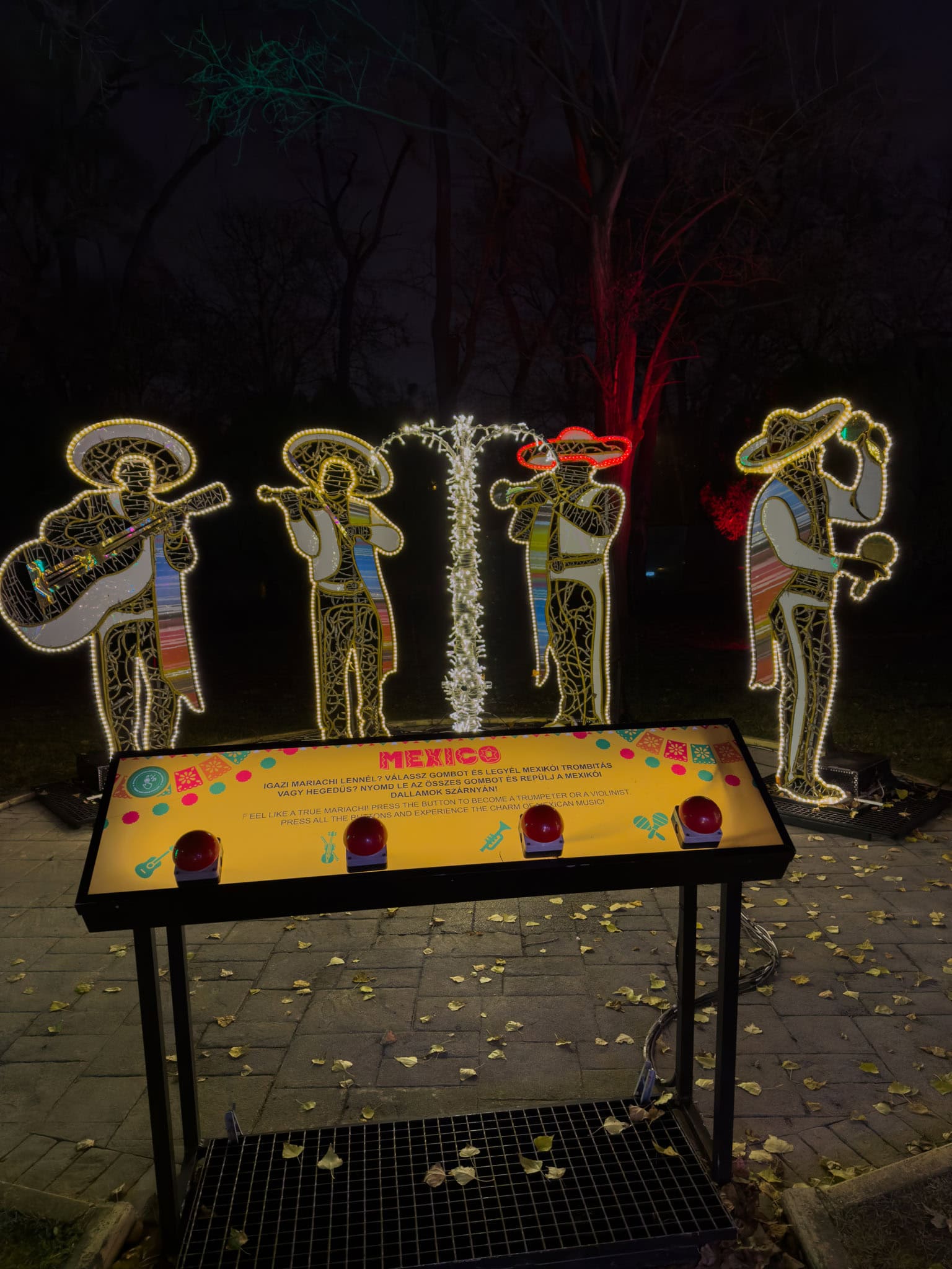 Vibrant glowing cartoon skeletons wearing matching traditional Mexican Mariachi sombreros