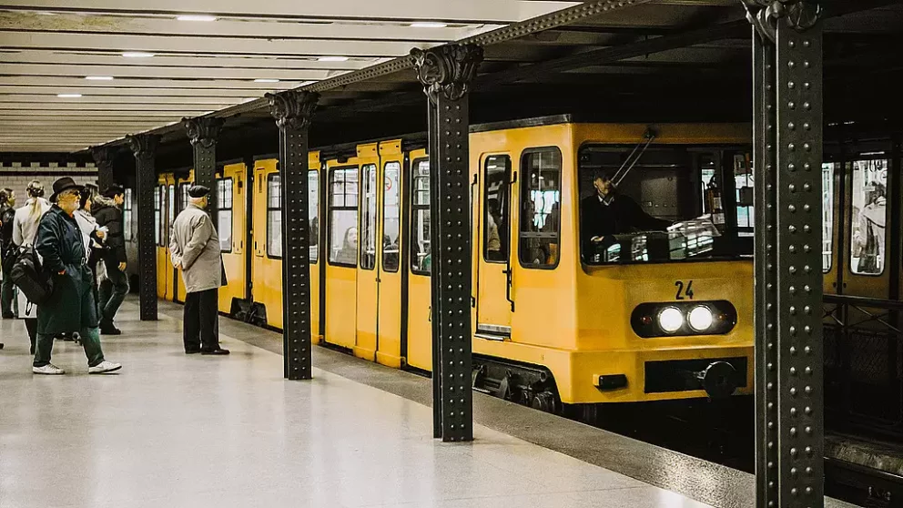 The historic yellow M1 Millennium Underground train in Budapest