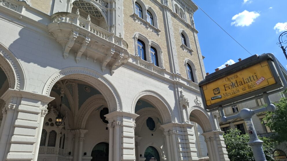 The M1 Opera underground station sign right next to the W Budapest Hotel