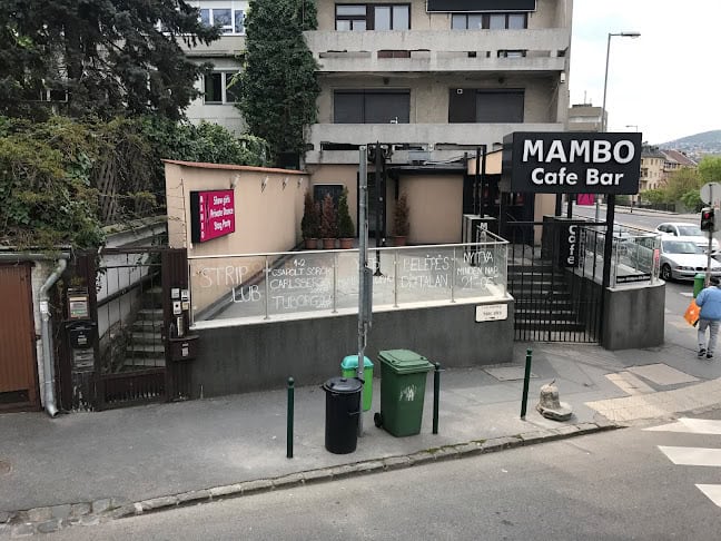The terraced entrance to the MAMBO Cafe Bar securely located directly on a sharply sloping city street