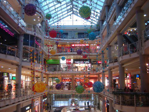 Spacious multi-story interior of the Mammut shopping mall in Buda