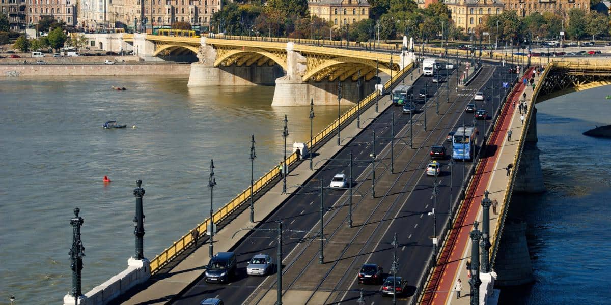 An impressive aerial photograph capturing the highly unique angled Y-shape structure of the bridge