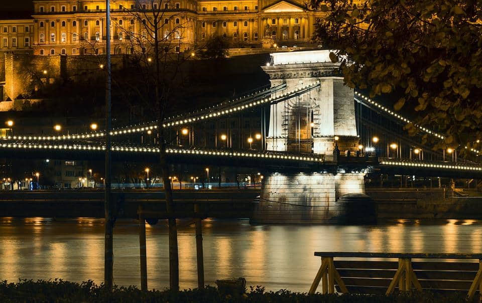 Intricately carved stone pillars of the Margaret Bridge in Budapest