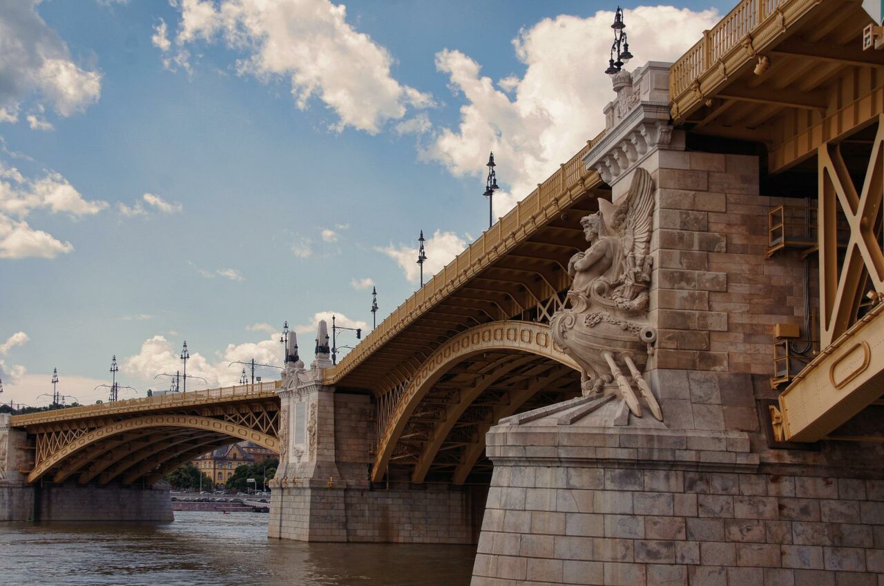 A peaceful sunset view over Margaret Bridge with the Hungarian Parliament in the background
