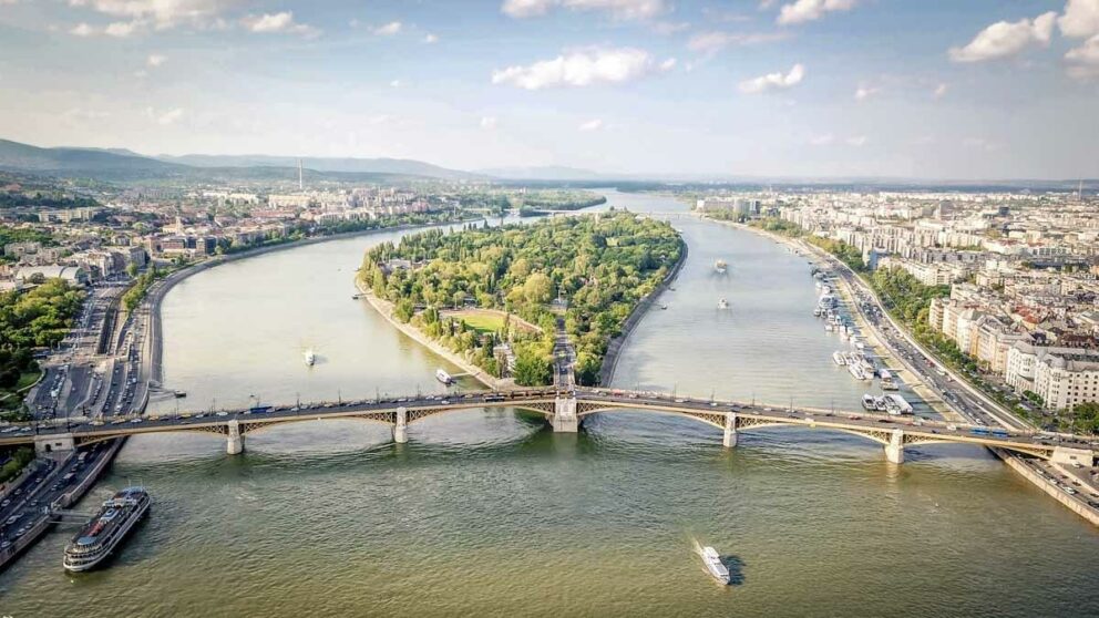 An aerial view of Margaret Island in the middle of the Danube