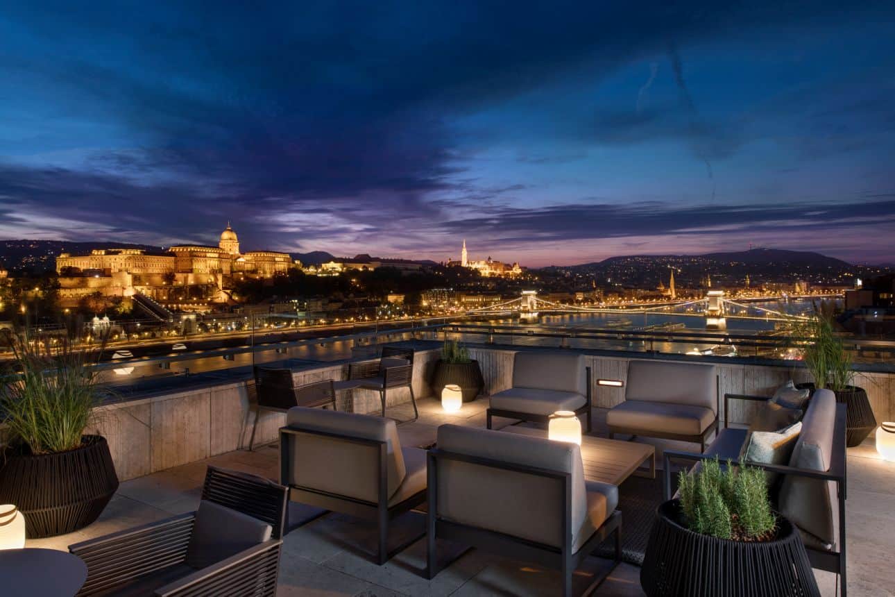 A night-time panoramic view of the Danube from the Marriott Hotel rooftop bar