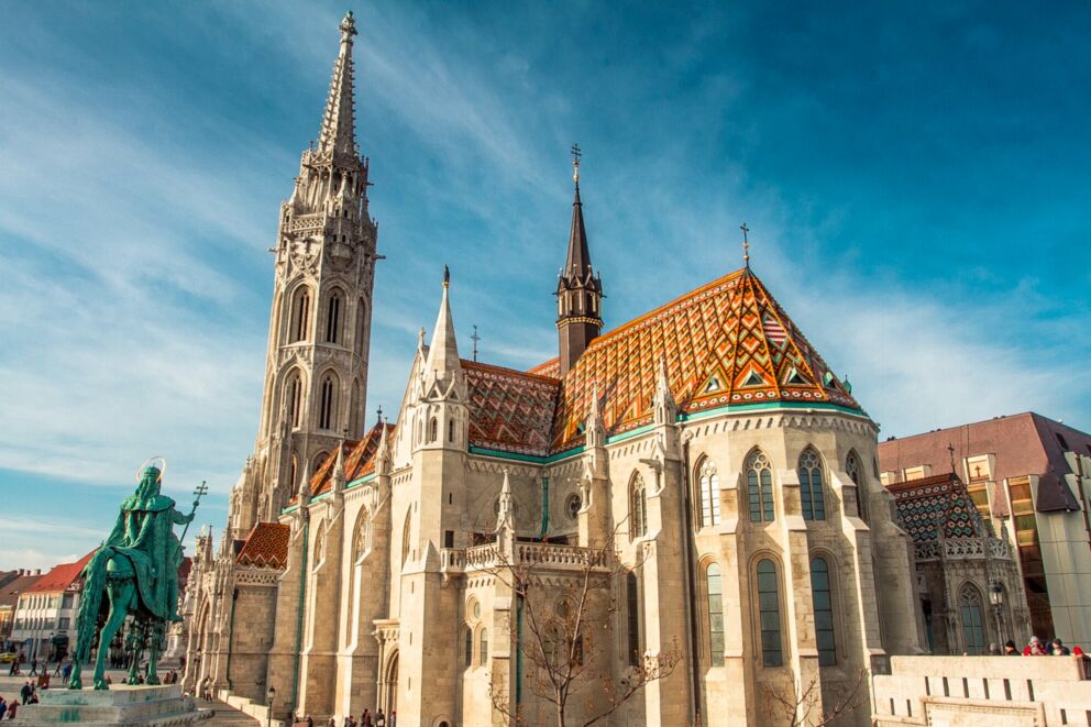 Detailed view of the vibrant Zsolnay ceramic roof tiles on Matthias Church