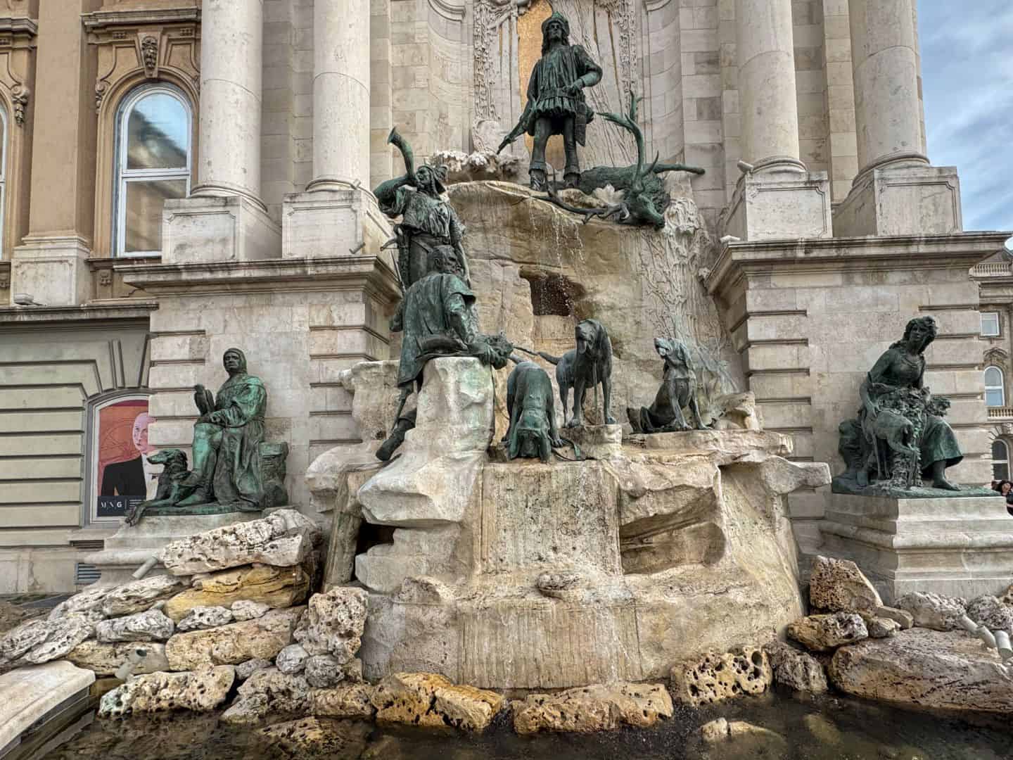 The intricate bronze Matthias Fountain in the Buda Castle courtyard