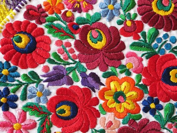 Colorful floral patterns of traditional Hungarian Matyó embroidery on fabric