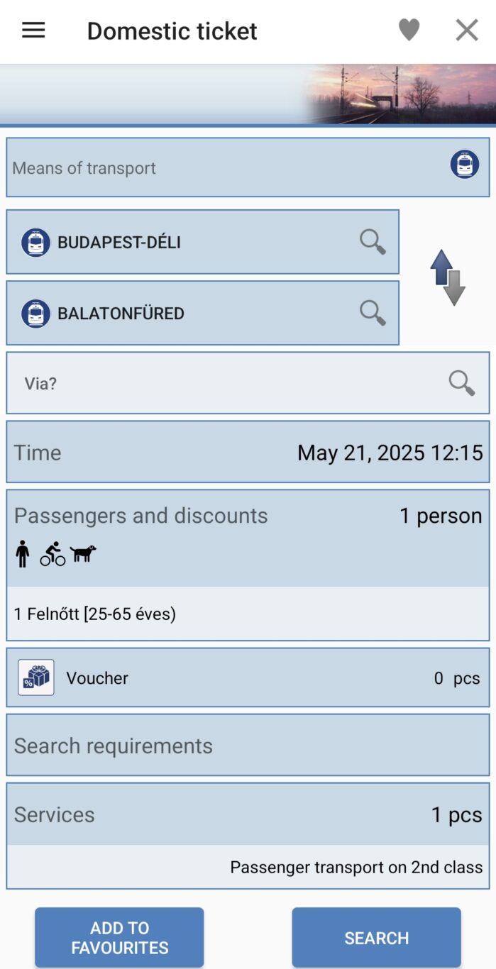 Booking train tickets using the official MÁV app on a smartphone
