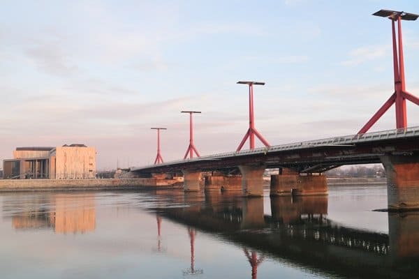 The impressive A-shaped pylons of the modern Megyeri Bridge in Budapest