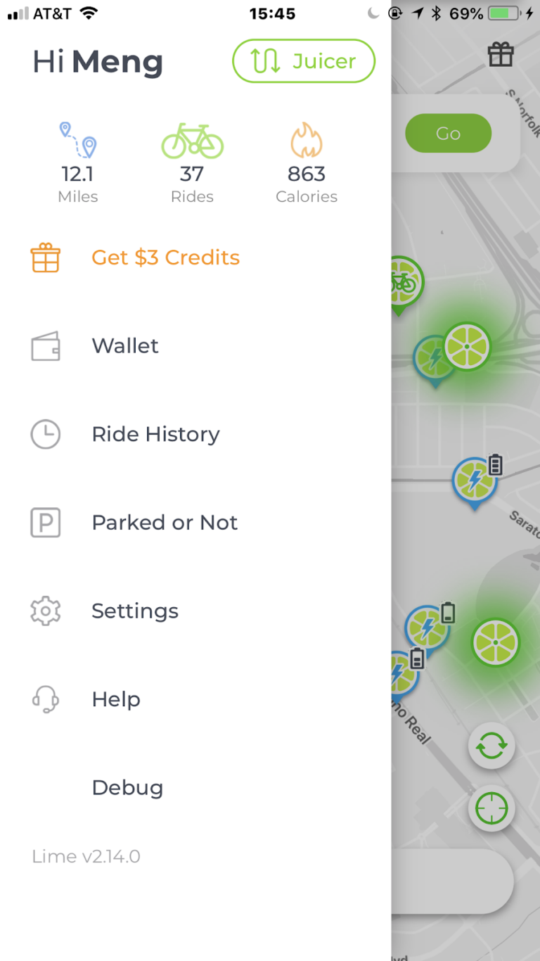The menu of the Lime, the most popular electric scooter renting app in Budapest