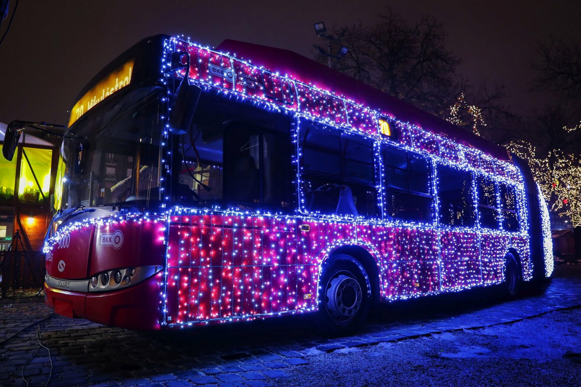 Christmas trolley bus in winter, a seasonal transport gem of Budapest