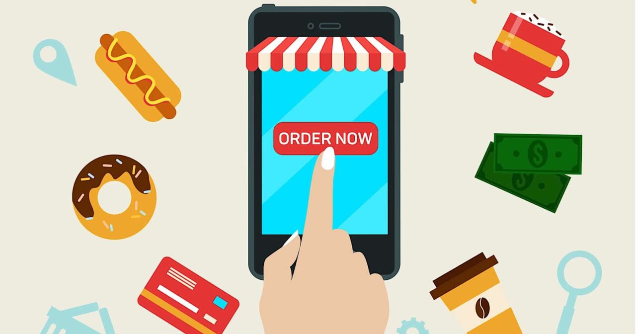 A smartphone screen displaying an ORDER NOW button surrounded by floating food icons