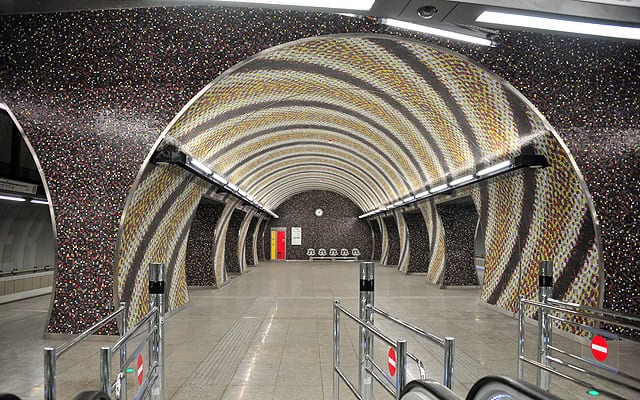 The futuristic and award-winning architectural design of a Budapest Metro Line 4 station