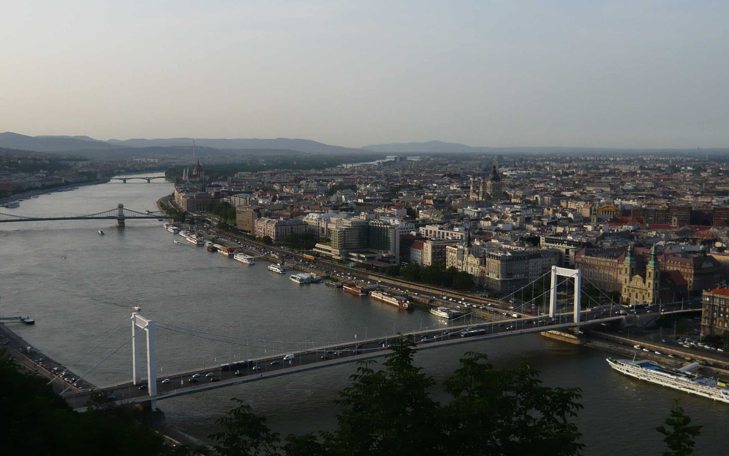 The massive white steel pillars and suspension cables of the modern Erzsébet Bridge