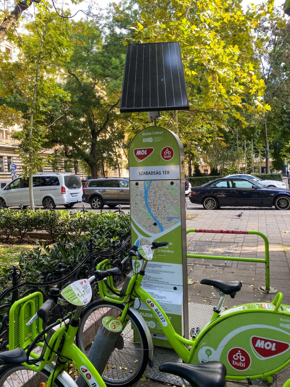 Green MOL Bubi bicycles at a public bike-sharing station in Budapest