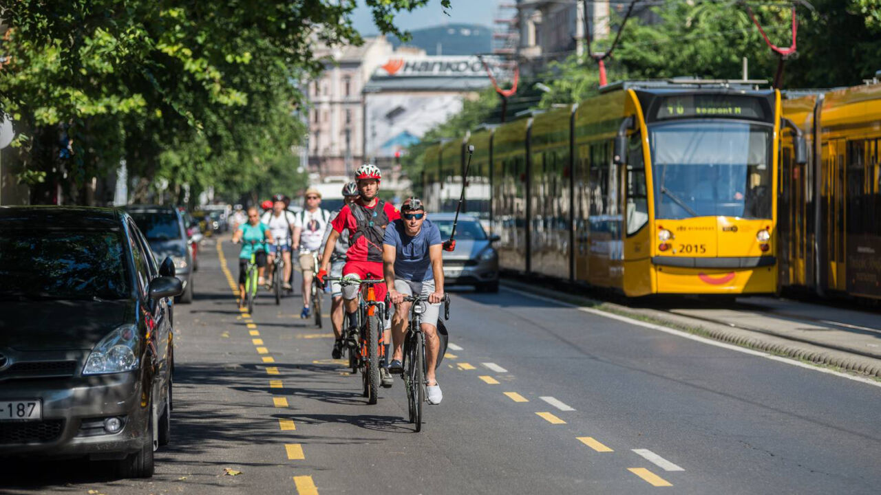 Cyclists on the Grand Boulevard in Budapest