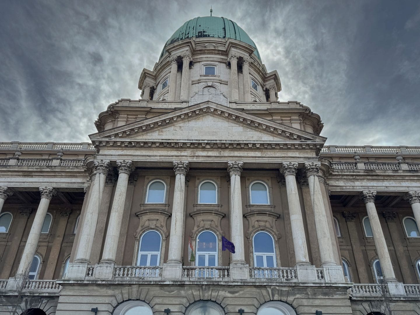 The grand neo-Baroque facade and dome of the Hungarian National Gallery at Buda Castle