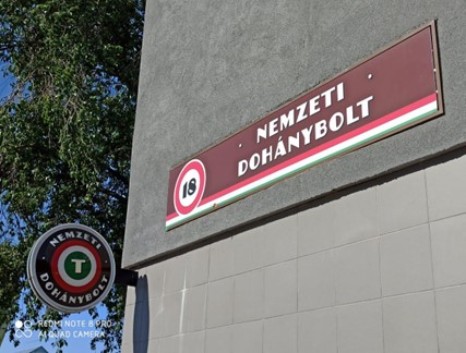 The official brown sign of a National Tobacco Shop in Hungary