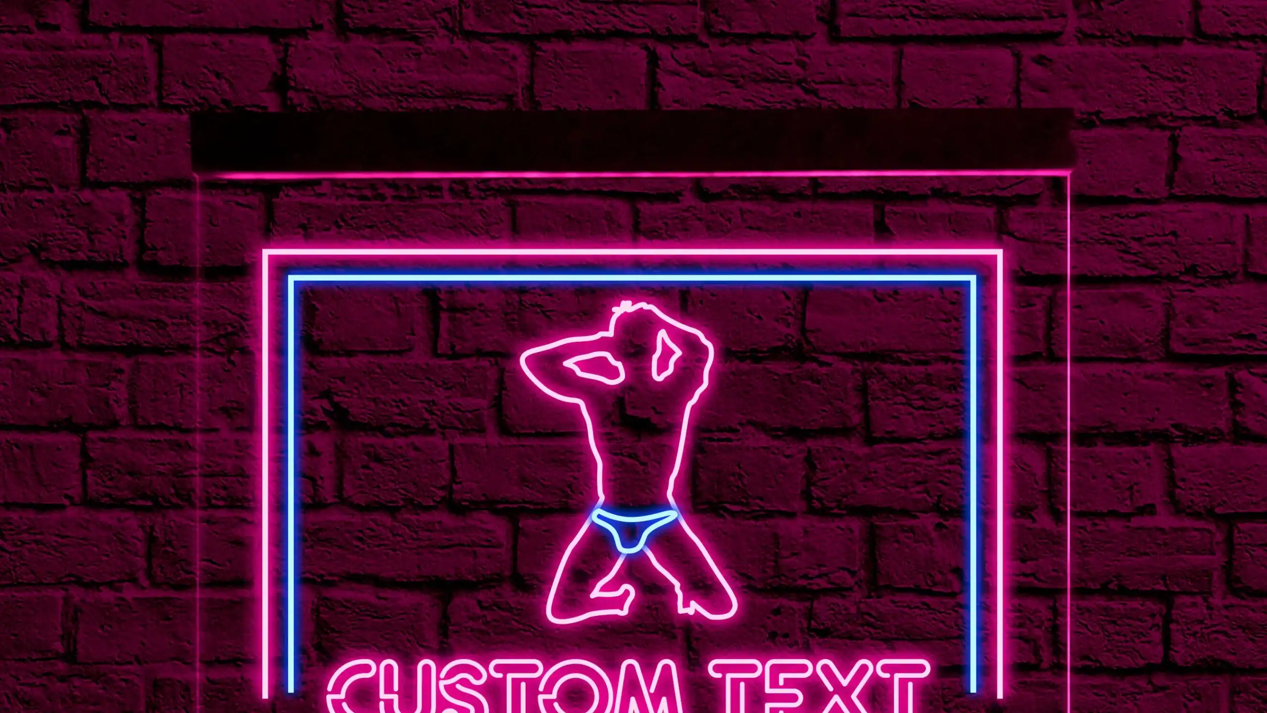 A bright vivid neon sign featuring the pink glowing outline of a muscular male stripper dancing
