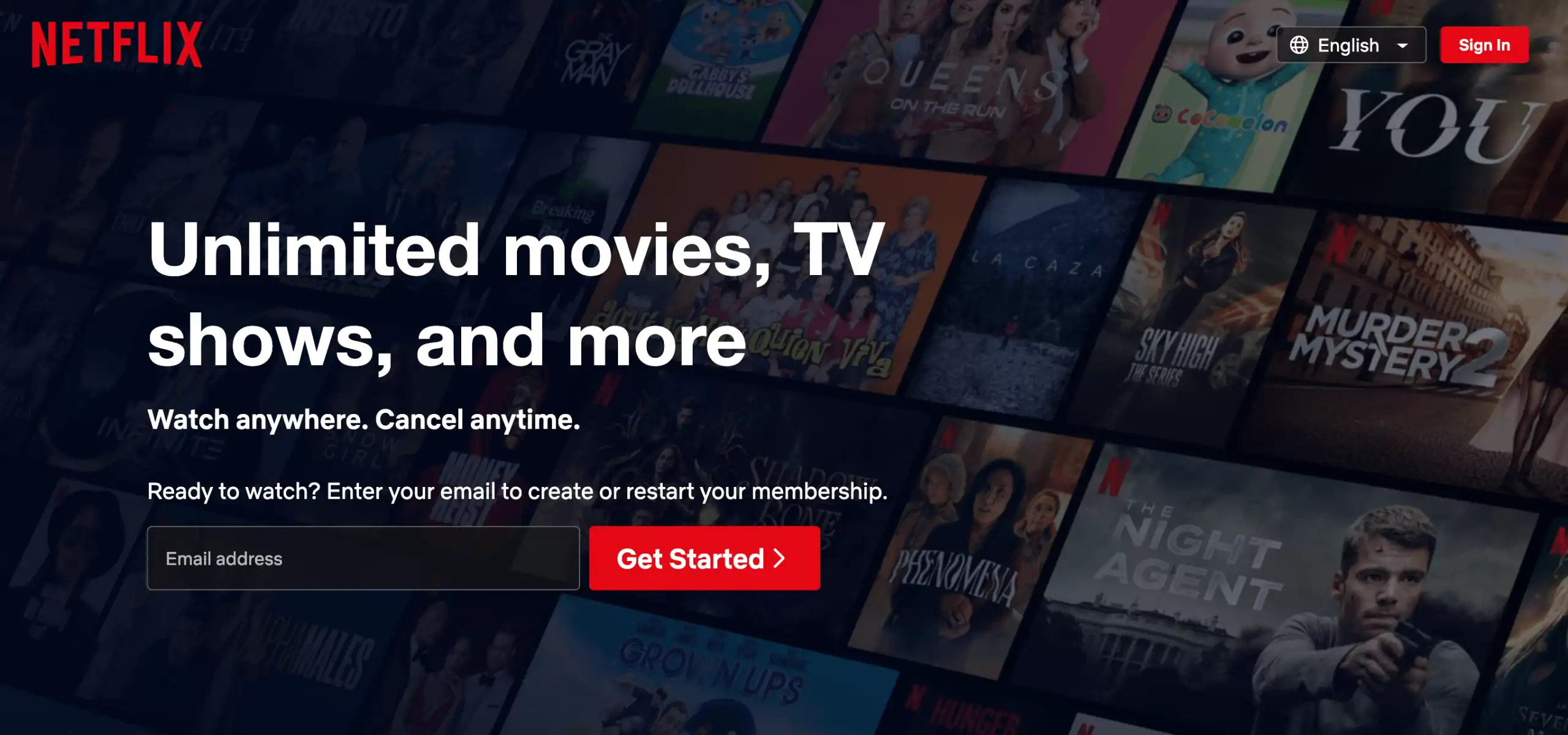 The standard global English Netflix homepage featuring the text Unlimited movies TV shows and more