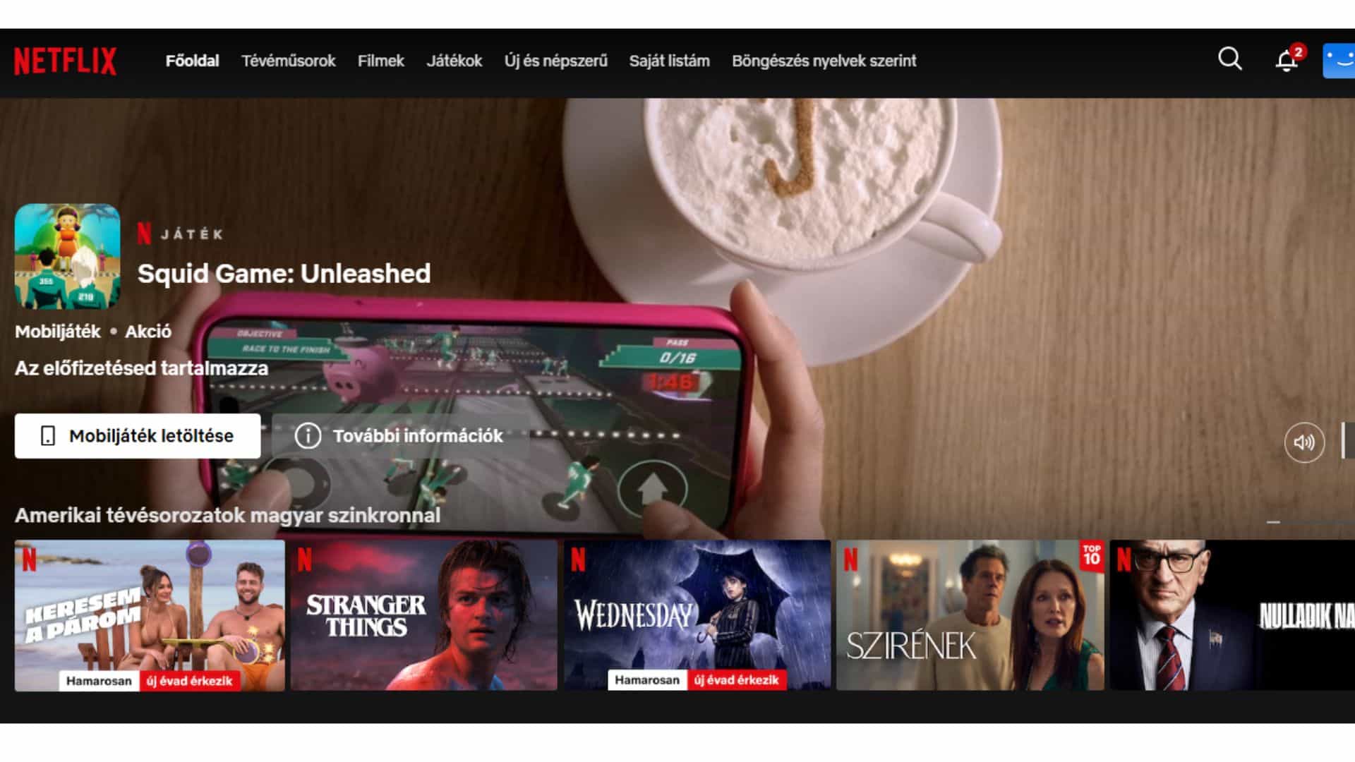 The localized Hungarian Netflix mobile interface promoting the Squid Game Unleashed game