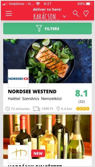 A food delivery app listing for NORDSEE showing a high-quality photo of grilled salmon