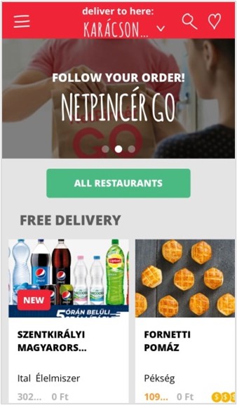 The NetPincer GO app interface showing a follow your order banner and free delivery options
