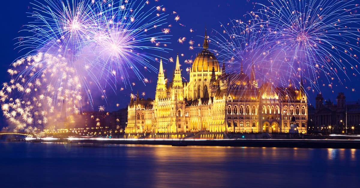 Grand fireworks display over the Danube and Chain Bridge in Budapest