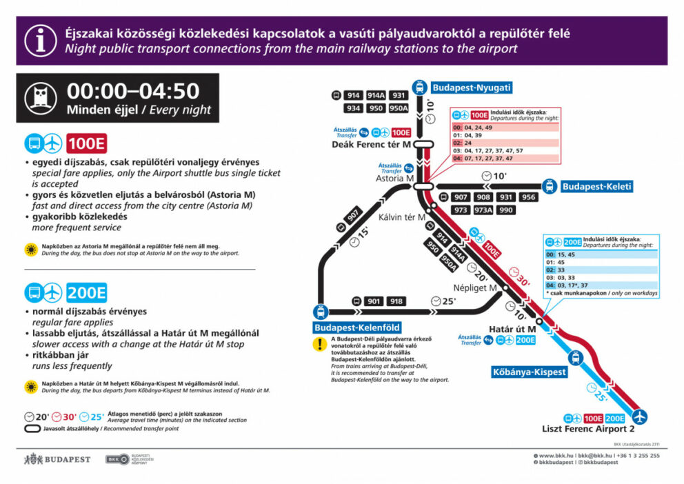 Map of the night-time bus routes providing transfer to and from Budapest Airport
