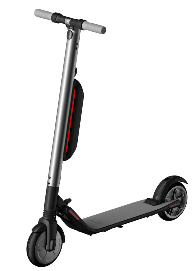 A 3D rendering of a sleek grey and black electric kickscooter
