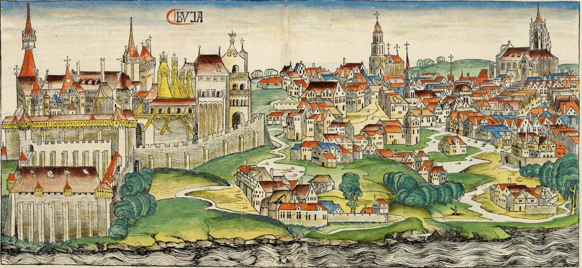 A medieval woodcut illustration from 1493 showing the walled fortress of Buda