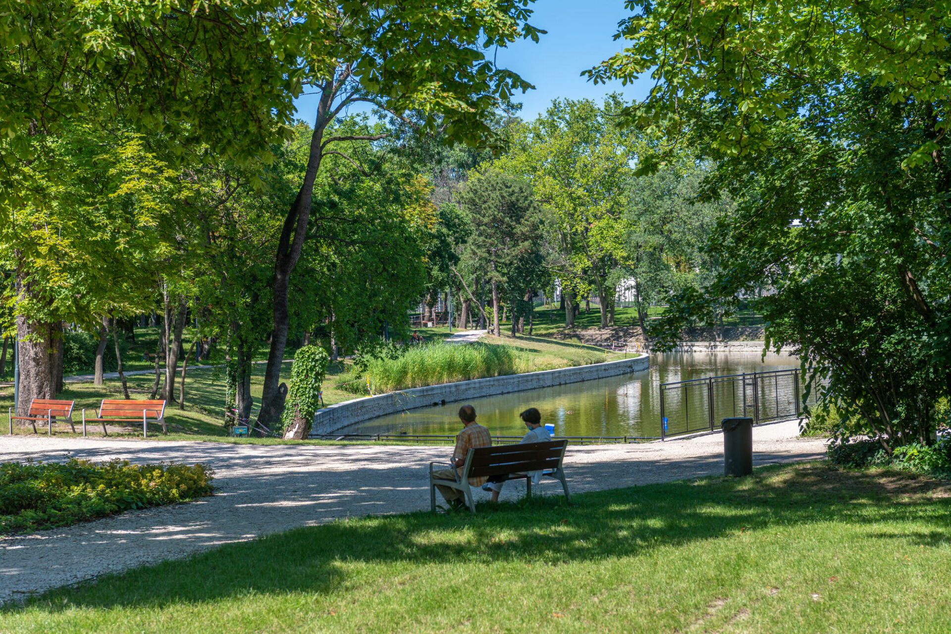 A vast, open expanse of vibrant green grass surrounded by trees on Óbuda Island