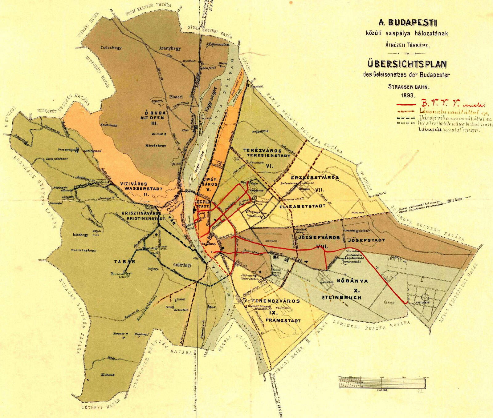 An old historical map displaying the newly unified city of Budapest in 1873