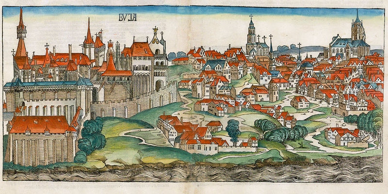 An artistic rendition of the Castle of Buda in the 15th century 