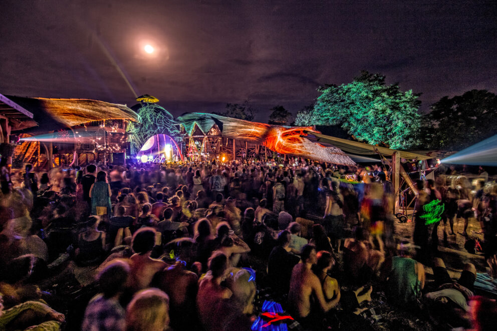 A crowd in front of illuminated organic wooden structures with sweeping canvas roofs at night
